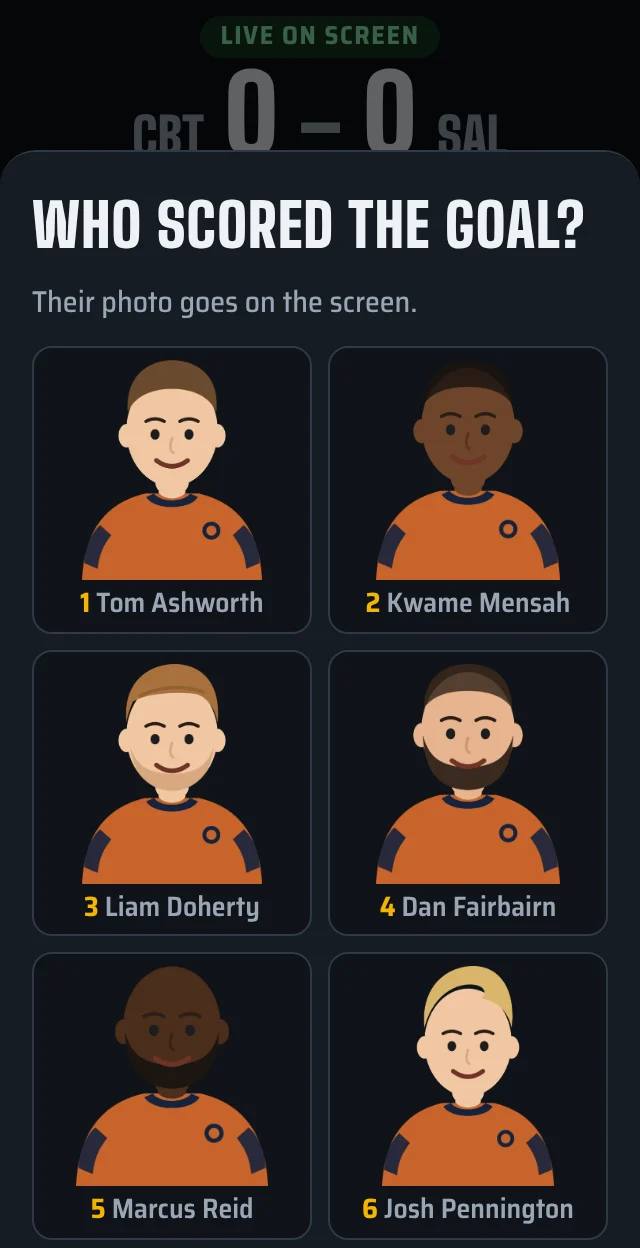 Who scored the goal? Player photos with names and numbers