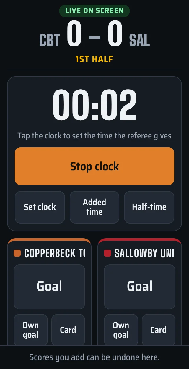 The scorer’s phone for football: the clock with Added time and Half-time buttons, and Goal, Own goal and Card for each team