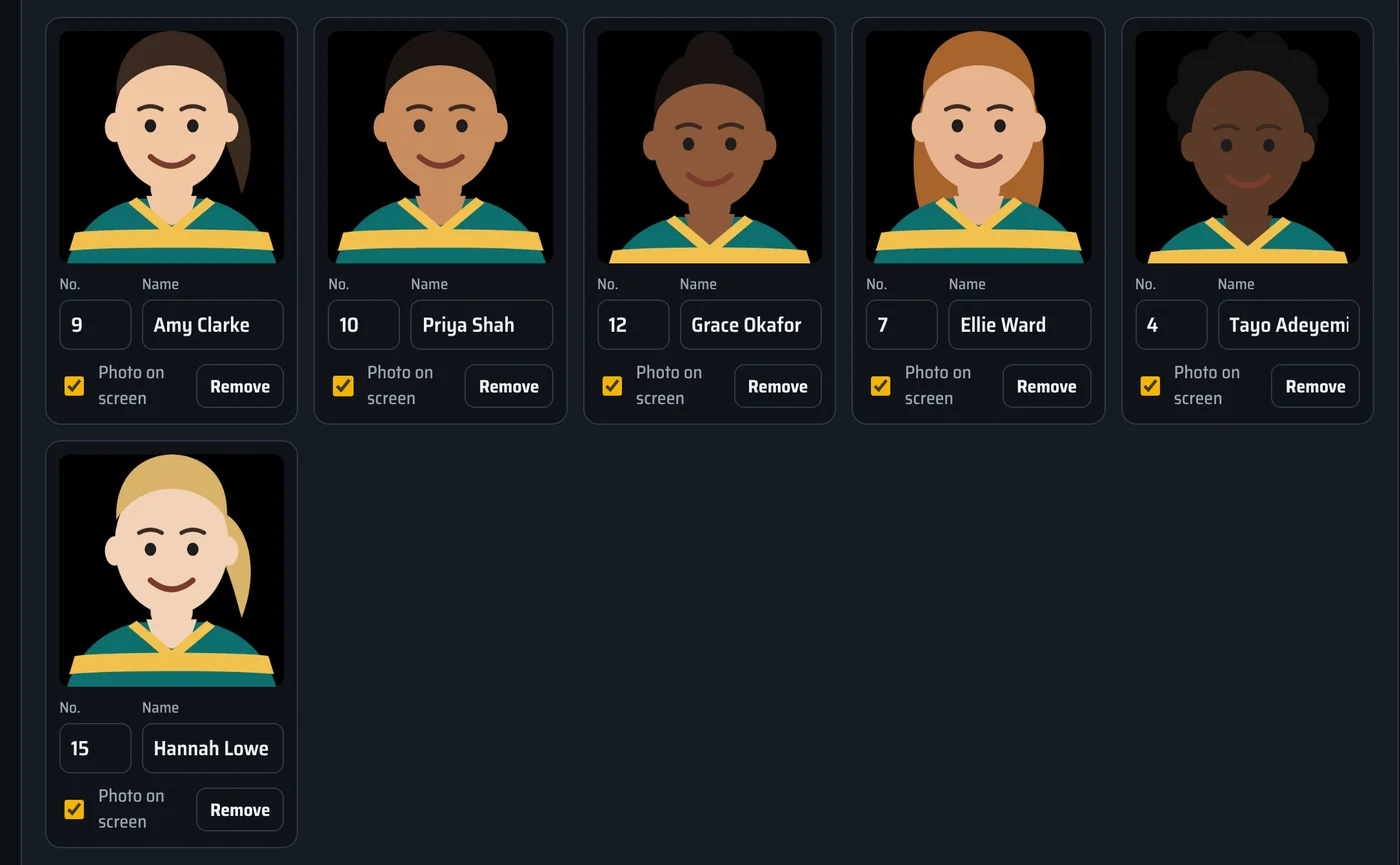 Studio: a team of players, each with a photo, a shirt number and a name